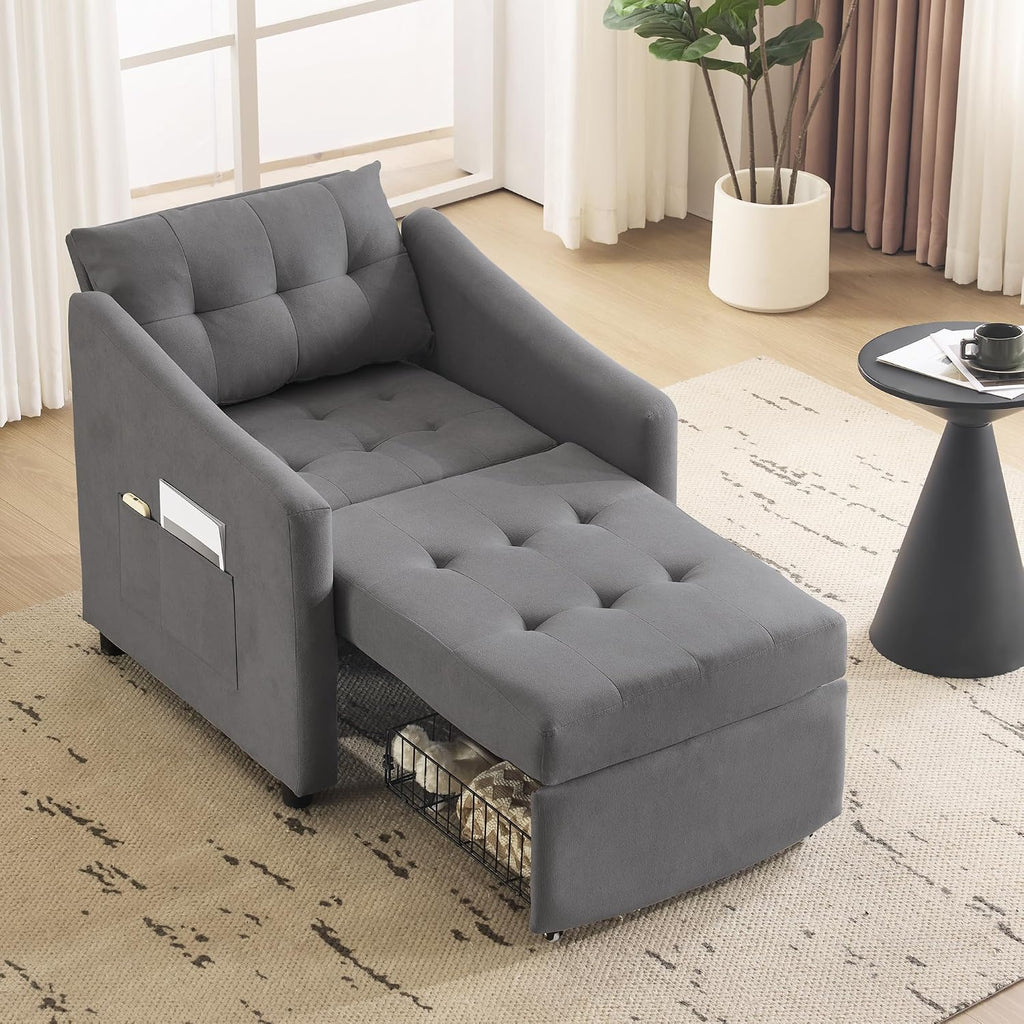 Bezseller Sleeper Sofa Chair Bed, 3-in-1 Convertible Sleeper Chair with Storage Drawer, Pull Out Couch with Side Pocket, Pillow, and Adjustable Backrest, for Living Room Bedroom Apartment, Dark Grey