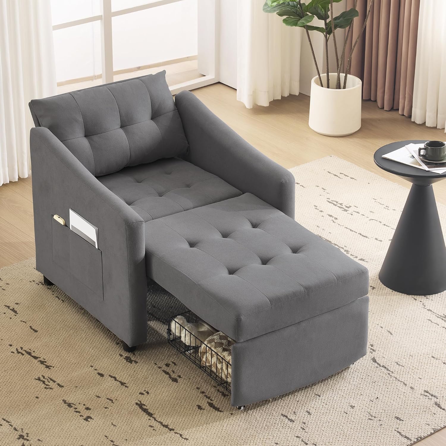 Bezseller Sleeper Sofa Chair Bed, 3-in-1 Convertible Sleeper Chair with Storage Drawer, Pull Out Couch with Side Pocket, Pillow, and Adjustable Backrest, for Living Room Bedroom Apartment, Dark Grey