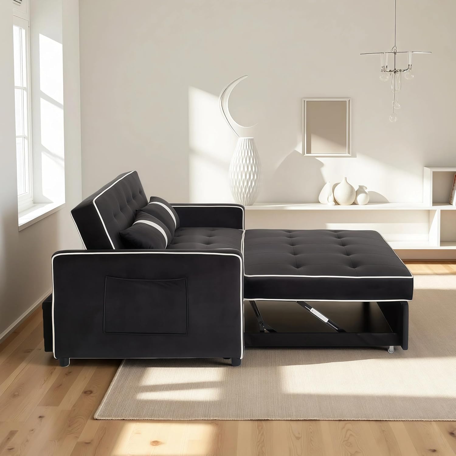 Loveseat Sleeper Sofa, 3 in 1 Convertible Sofa Bed, Adjustable Backrest Comfy Pull Out Couch, Modern Upholstered Sofa for Living Room Bedroom Apartment Small Space (Black 1)