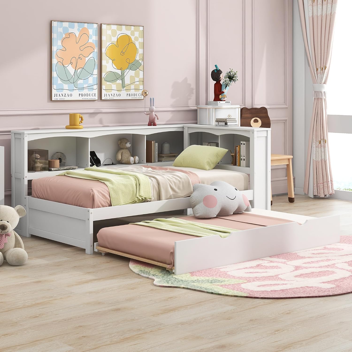 Harper & Bright Designs Wood Twin Size Daybed with Trundle, Storage Bookcases, and USB Ports, Twin Platform Bed with Headboard, Twin Size Sofa Bed Frame for Bedroom Living Room (White)