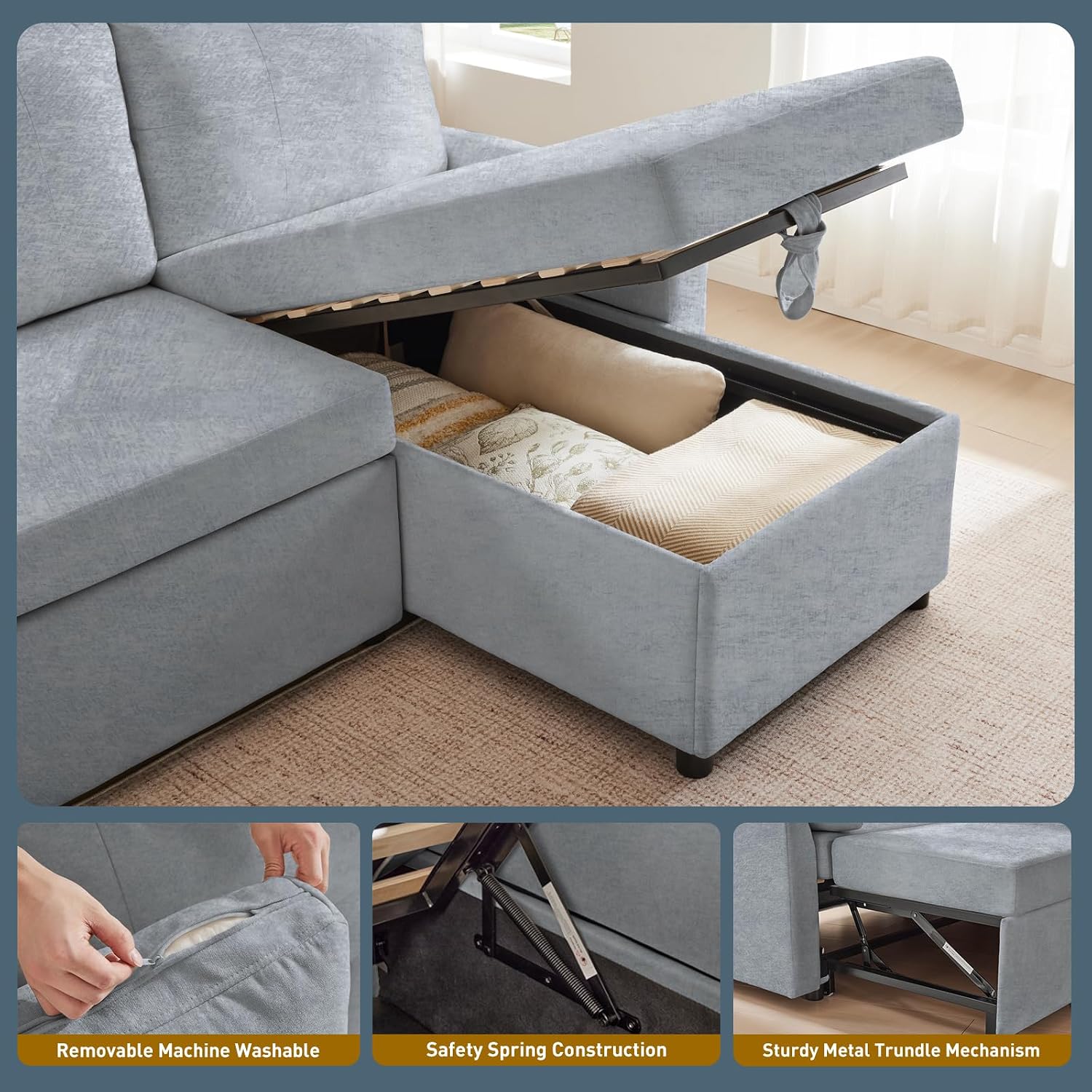 Waxberry 85' L Shaped Sectional Sofa Couch, Pull Out Couch Sleeper Sofa Bed for Living Room, Modular Chenille Deep Seat Sofa, Reversible Chaise, Storage, Side Pockets & Dual USB/Type-C Ports, Gray