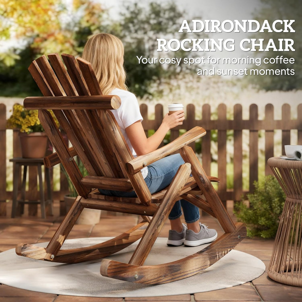 Outsunny Outdoor Wooden Rocking Chair, Single-Person Adirondack Rocking Patio Chair with Rustic High Back, Slatted Seat and Backrest for Indoor, Backyard, Garden, Carbonized