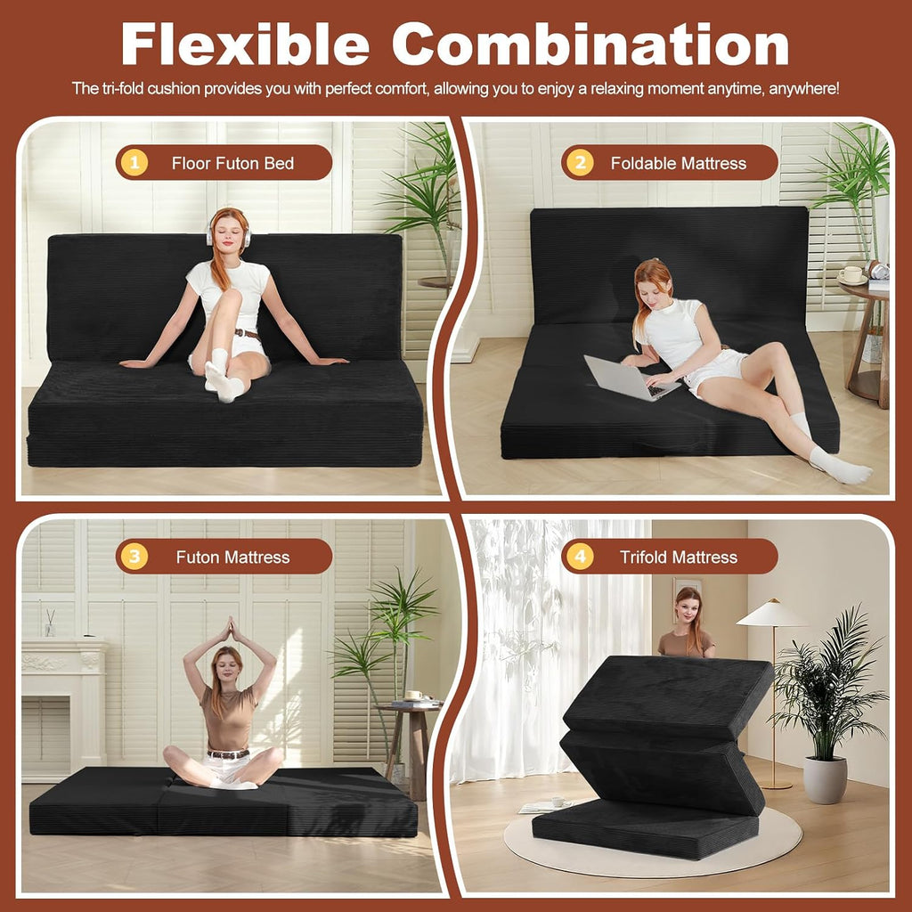6-Inch Tri-Fold Foldable Mattress, Folding Sofa Bed with Removable Washable Cover, Portable Futon Mattress Full Size Floor Guest Mat with Non-Slip Bottom & Carry Handles for Camping (Black, Queen)