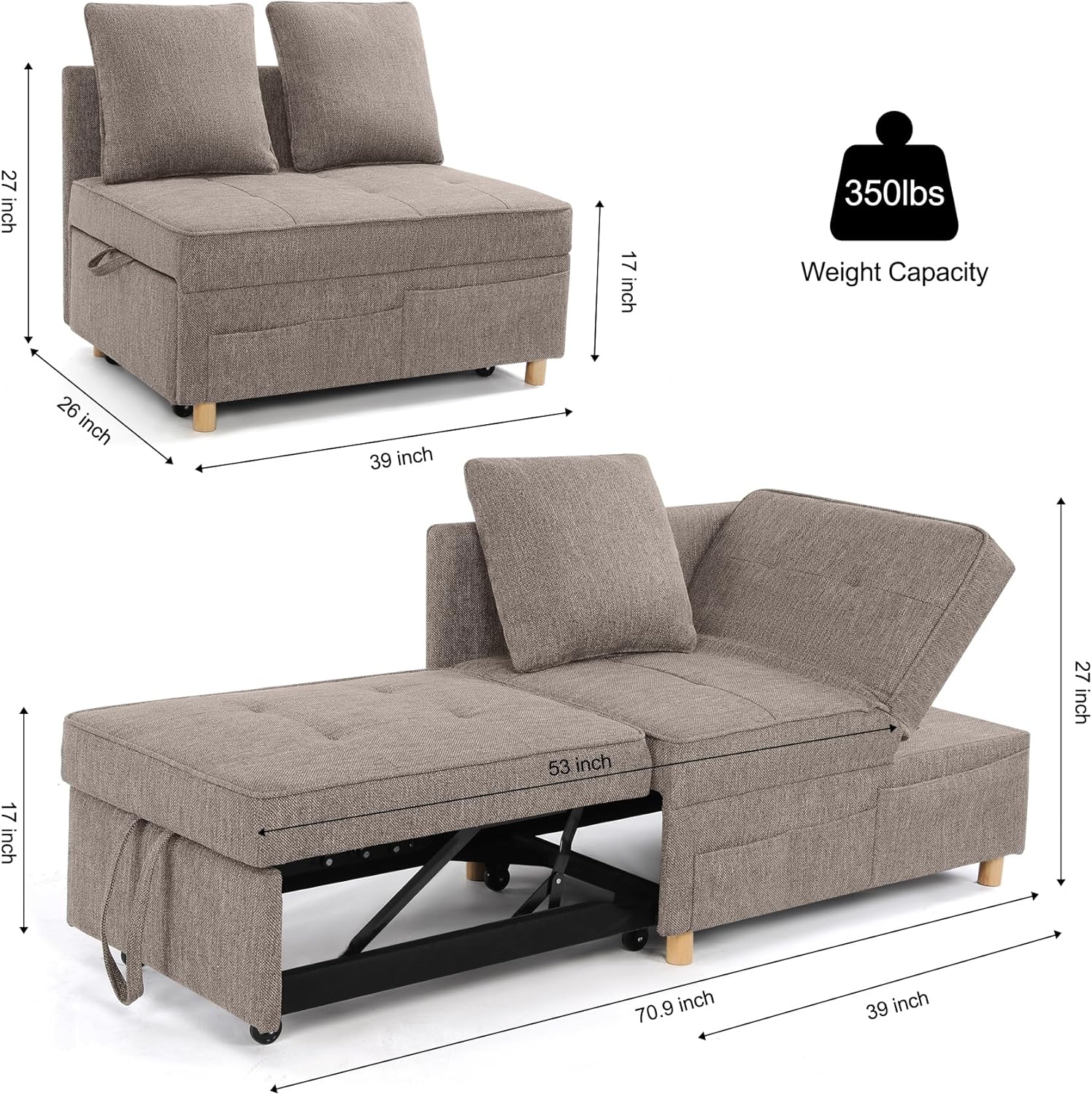 SEJOV Sofa Bed Chair 4-in-1 Convertible Chair Bed, 3-Seat Linen Fabric loveseat Sofa with 2 Throw Pillow, Single Recliner for Small Space with 5 Adjustable Backrest, Brown Grey