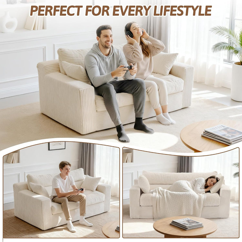 Convertible Sofa Bed, Pull Out Boneless Couch Loveseat Floor Sofa Bed with Pillows, 2-Seater Folding Sofa Loveseat Boneless Couch for Living Room, Bedroom, Apartment, Office (Beige)