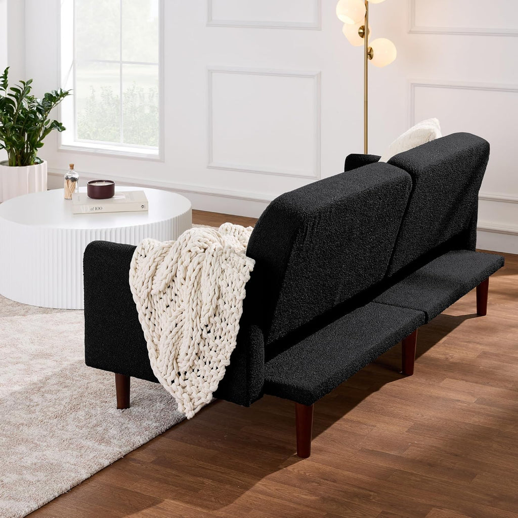 Best Choice Products 77' Mid Century Modern Boucle Loveseat Sofa, Couch, Convertible Sofa Sleeper Bed w/Real Wood, Removable Armrest - Midnight Black
