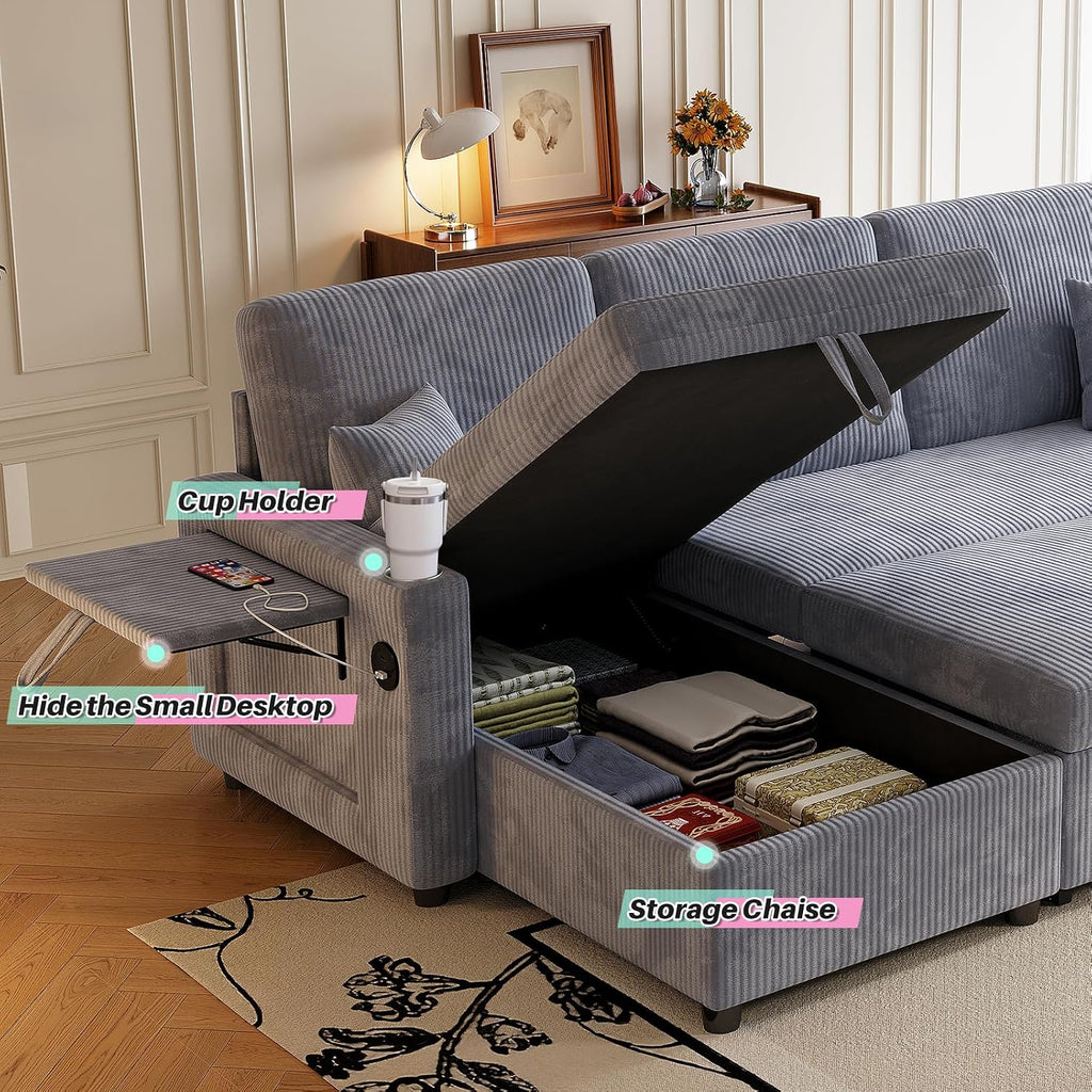 Sleeper Sectional Sofa, 83' Convertible Sofa Bed with Pull Out Couches, Small Desktop, L Shaped Couch with Reversible Chaise, Cup Holders, USB, Modern Corduroy Sofas for Living Room Apartment, Grey