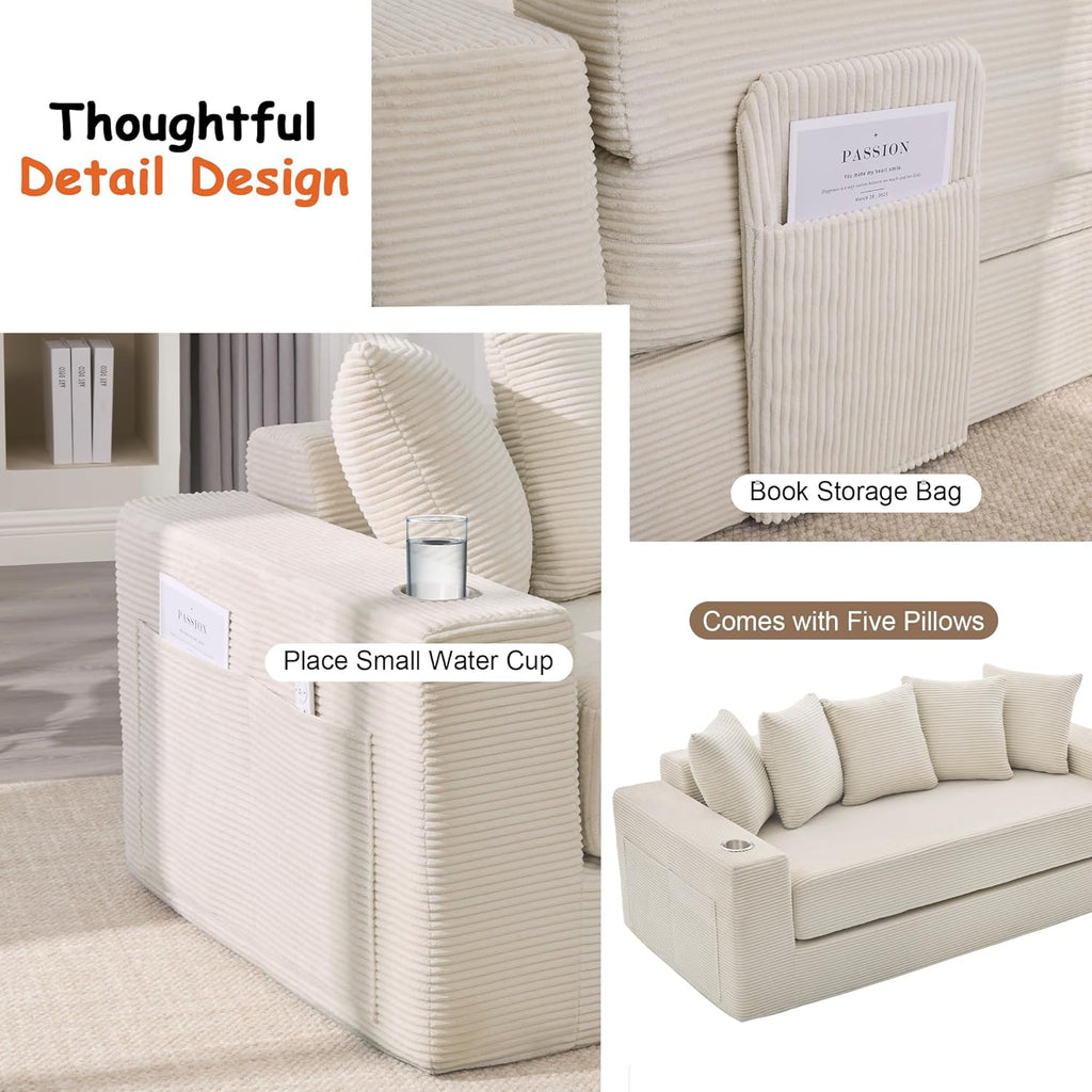 76' Convertible Sofa Bed, 2-in-1 Boneless Sleeper Sofa with Cup Holder & Pocket, Corduroy Pull Out Couch with 5 Pillows, Couch Bed for Living Room, Small Spaces, Bedroom, No Assembly