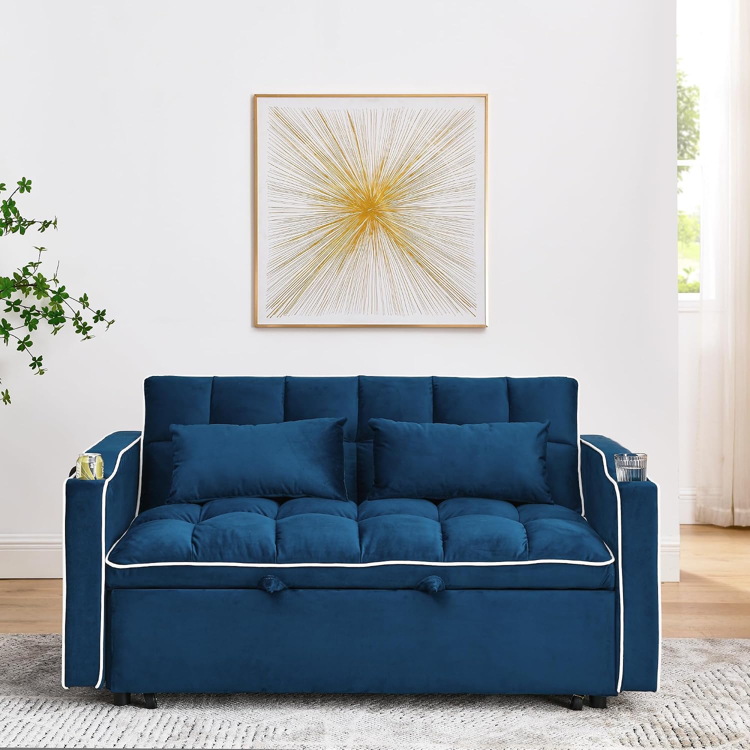 Merax Foldable Sofa Bed with USB Charging Ports, Pull Out Velvet Loveseat Sleeper with Phone Holder, Modern Futon Couch with Cup Holders & Adjustable Backrest for Living Room, Blue