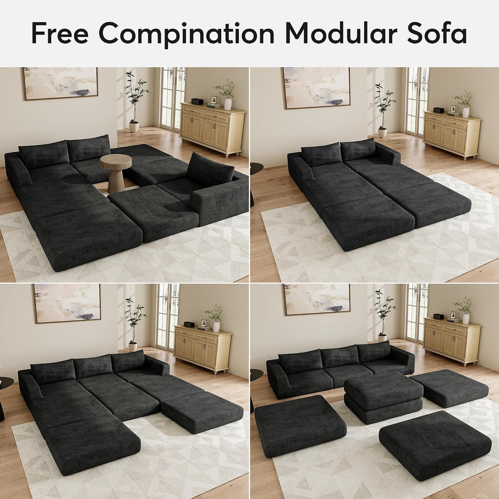 Chenille Modular Floor Sofa Bed, L Shaped Convertible Sleeper Couch with Memory Foam Cushions, Low Profile Sectional Sofa for Living Room, Apartment, Guest Room,Dark Grey