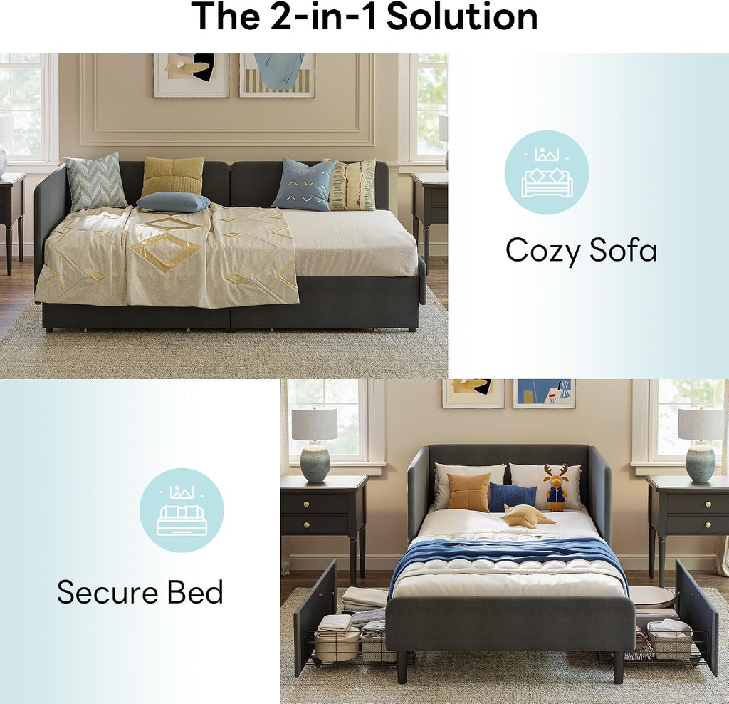 LIKIMIO Twin Daybed with Headboard, Corner Bed Frame with Storage Drawers and Bed Rails, Solid Wood Support for Small Spaces, Guest Room, Dark Gray