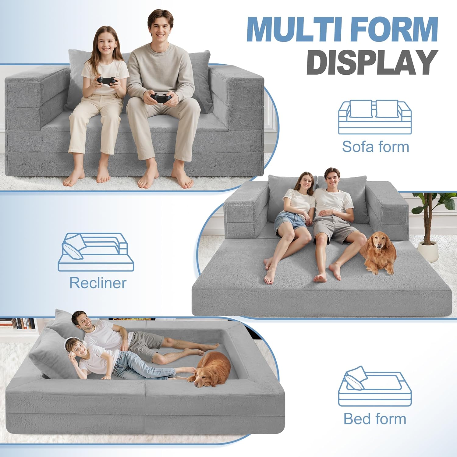 Futon Sofa Bed with Pillow, 3-in-1 Sleeper Sofa Bed with Removable Cover, Convertible Floor Sofa Bed, No Assembly Boneless Couch for Living Room, Bedroom