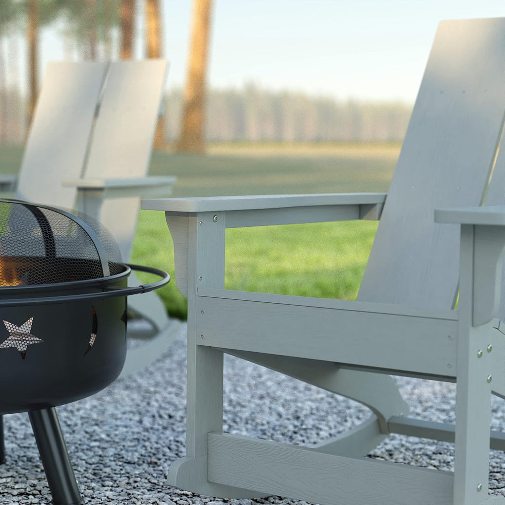 EMMA + OLIVER Harmon Adirondack Rocking Chair - Gray Poly Resin - Suitable for Indoor/Outdoor Use - All Weather Materials - Easy Assembly - 350 lb. Weight Capacity