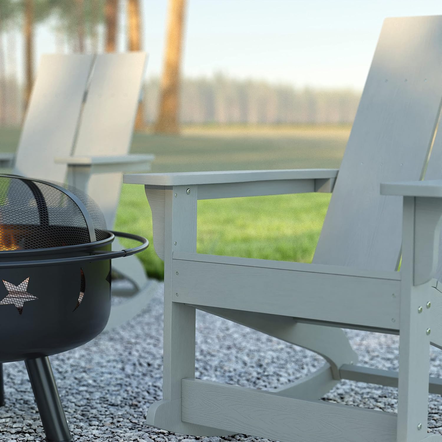 EMMA + OLIVER Harmon Adirondack Rocking Chair - Gray Poly Resin - Suitable for Indoor/Outdoor Use - All Weather Materials - Easy Assembly - 350 lb. Weight Capacity