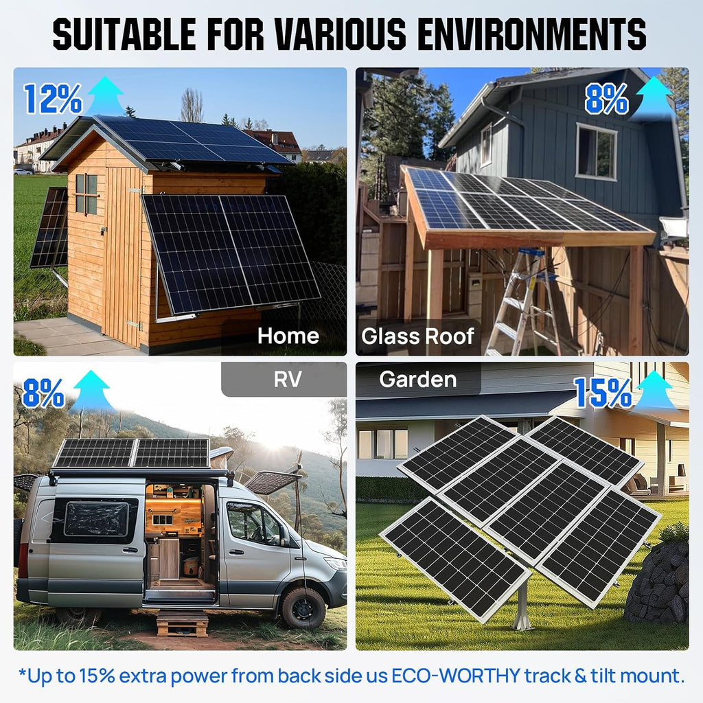 ECO-WORTHY 200 Watt Bifacial Solar Panel 2pcs 100 Watt Monocrystalline Solar Panel Module Off Grid PV Power for Home, Camping, Boat, Shed Farm, RV,12V/24V Battery