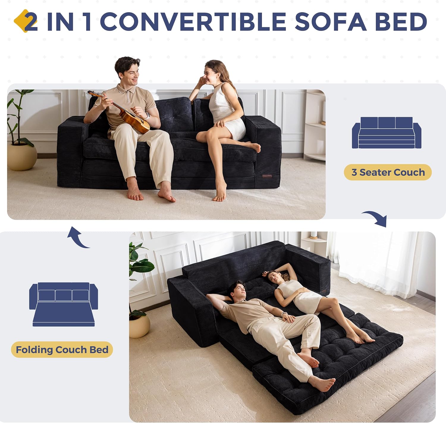 MAXYOYO Convertible Sofa Bed, Pull Out Oversized Loveseat Sleeper Sofa, 2 in 1 Folding Couch Bed, Fold Out Floor Couch with Pillows for Living Room Bedroom Lounge, Black