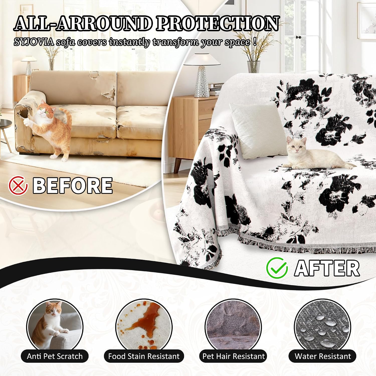1OO% Waterproof Sectional Couch Covers for Dogs L Shaped Corner Sofa Cover Washable Chenille Sofa Slipcovers Blanket Modern Jacquard Pet Furniture Protector (91'x252', Black Flower)