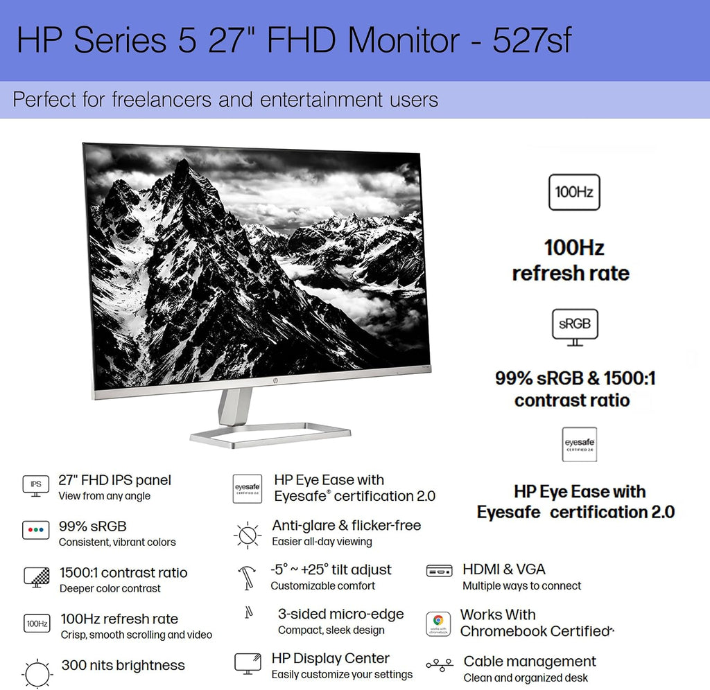 HP Series 5 527SF 27' Full HD (1920×1080) Monitor | IPS Display, 100Hz Refresh Rate, Slim Bezel Design, Eye Comfort Technology & HDMI Connection, Replaces M27F (94F44AA#ABA) + Screen Protector + More