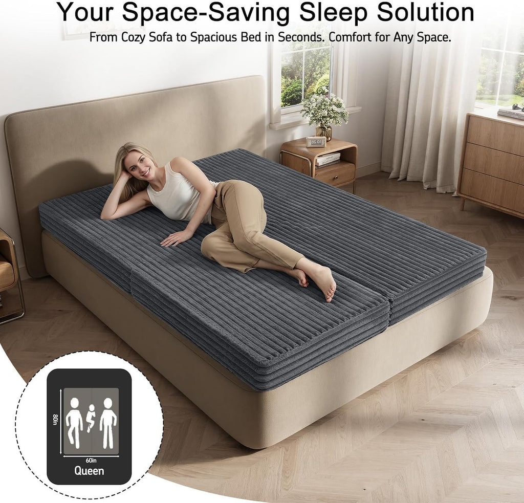 MeMoreCool Convertible Sofa Bed, Folding Floor Couch Bed Queen, Pull Out Sleeper Couch with Pillows, Fold Out Futon Sofa for Bedroom Living Room Small Space, Corduroy Grey