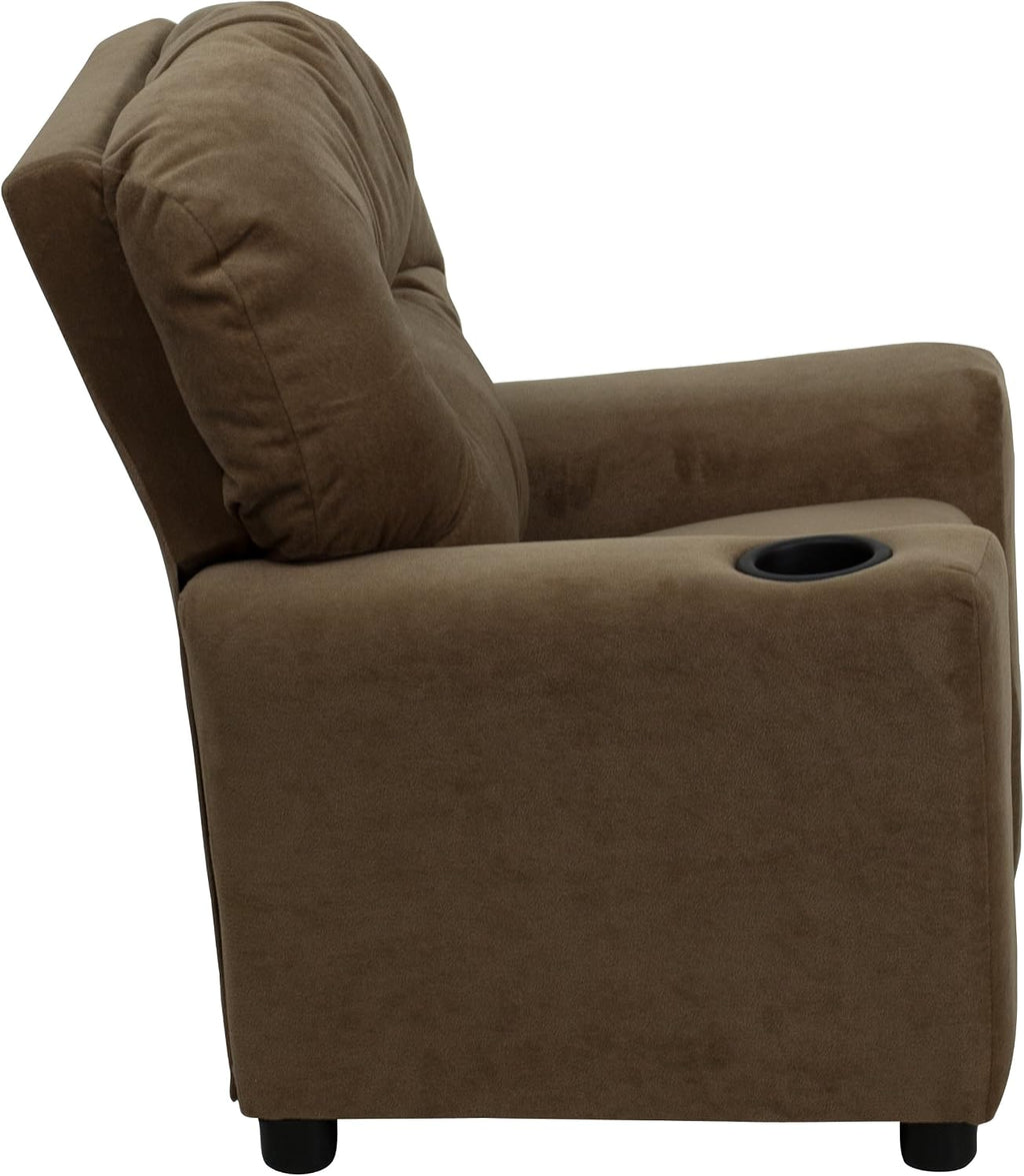 Flash Furniture Chandler Microfiber Kids Recliner with Cup Holder and Safety Recline, Contemporary Reclining Chair for Kids, Supports up to 90 lbs., Brown