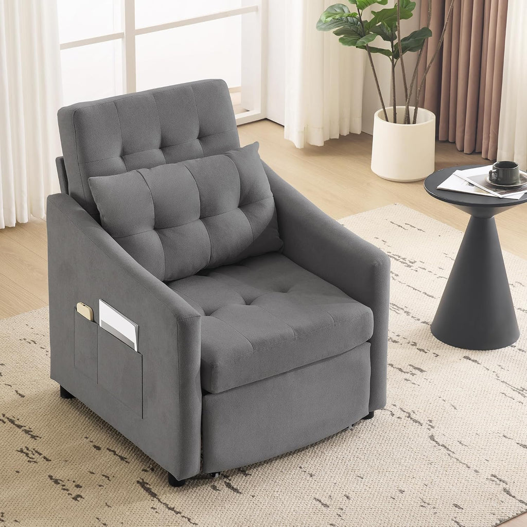 Bezseller Sleeper Sofa Chair Bed, 3-in-1 Convertible Sleeper Chair with Storage Drawer, Pull Out Couch with Side Pocket, Pillow, and Adjustable Backrest, for Living Room Bedroom Apartment, Dark Grey