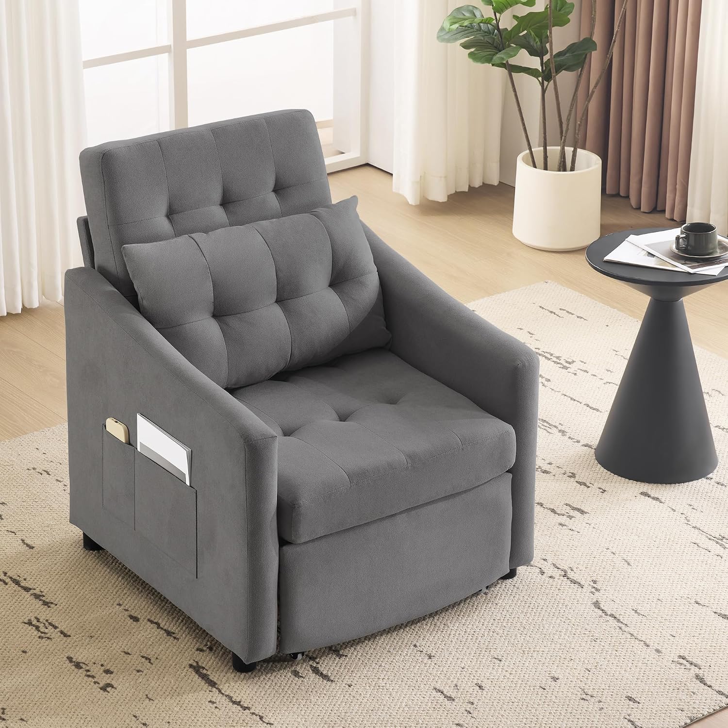 Bezseller Sleeper Sofa Chair Bed, 3-in-1 Convertible Sleeper Chair with Storage Drawer, Pull Out Couch with Side Pocket, Pillow, and Adjustable Backrest, for Living Room Bedroom Apartment, Dark Grey