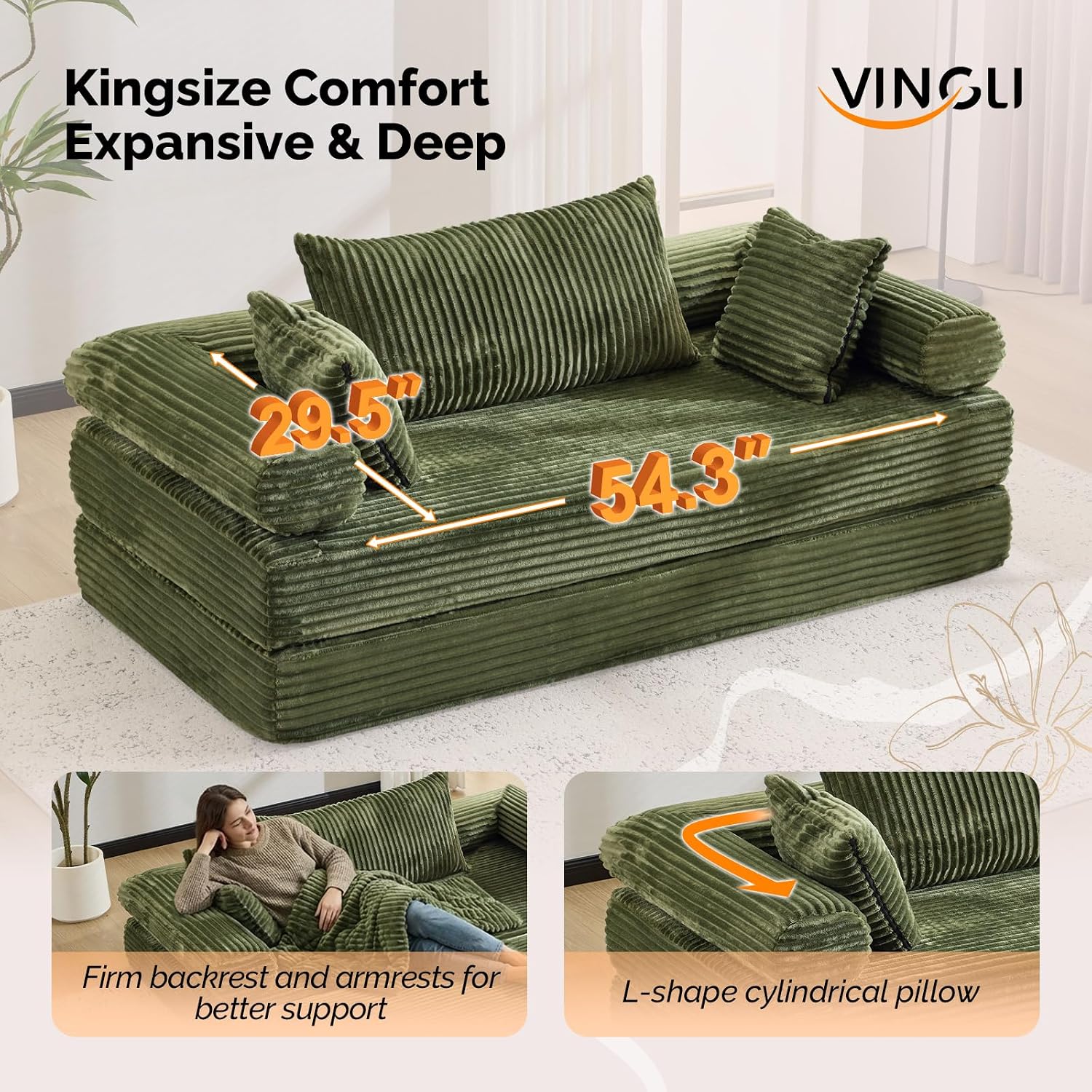 VINGLI Convertible Futon Sofa Bed, Upholstered Corduroy Boneless Couch King Size Floor Loveseat Sleeper Sofa with 2-in-1 Throw Pillow & Blanket Couches for Living Room, Bedroom, Lounge, Green