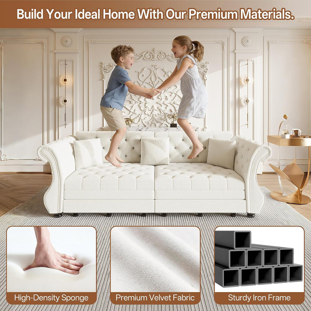 97.6' Oversized Pull Out Sofa Bed, Chesterfield Velvet Sleeper Sofa Couch with Roll Arm & Flower Tufting, Heavy Duty Metal Frame Convertible Sofa for Living Room, Apartment, Guest Room, Beige | Pull Out, Roll Arm, Flower Tufting, Convertible