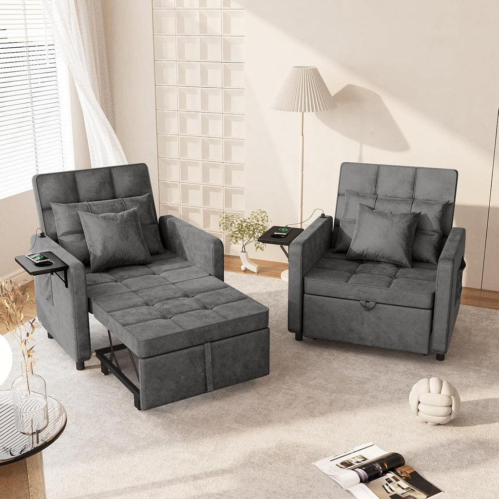 Vabches Sofa Bed Chair 3-in-1 Convertible, Sofa Bed Couches with Wing Table and USB Ports Outlet, Velvet Sleeper Chair with Adjustable Backrest and Two Pillows, Easy Assembly, Dark Grey