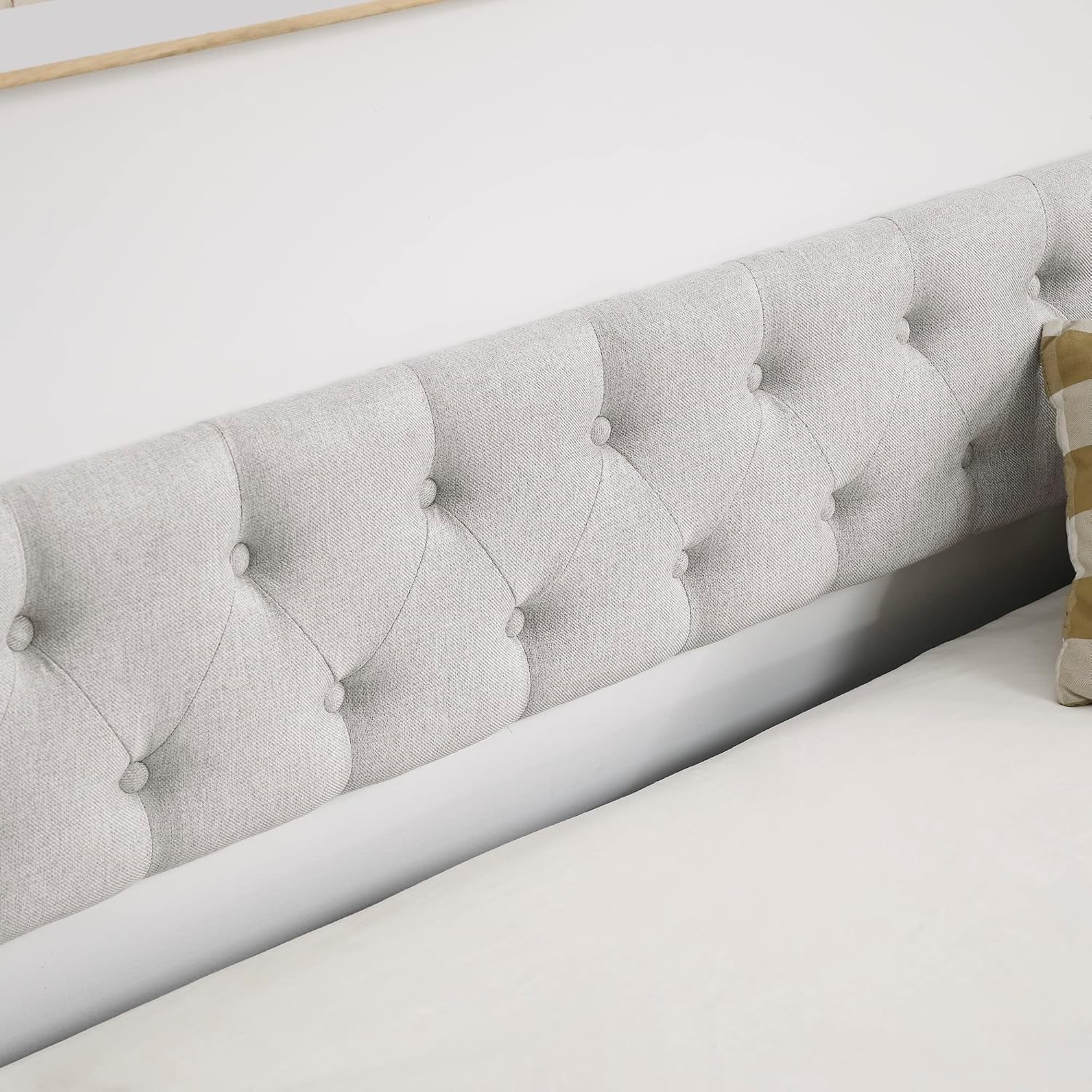 KEIKI Twin Size Upholstery Daybed with Trundle and Headboard, Mid-Century Style Tufted Sofa Bed with Button on Back, Easy Assembly, No Box Spring Required, for Living Room and Bedroom, Beige