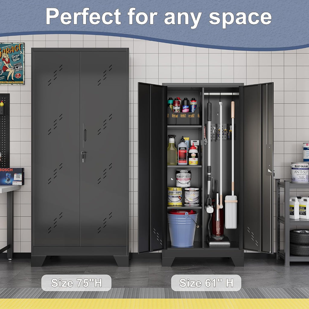 61' Metal Storage Cabinet with Lockable Doors, Cleaning Supply Cabinet with Pegboard and Hanging Rod. Garage Tool Storage Cabinets for Home, Laundry, Office, Home Kitchen Utility Cabinet