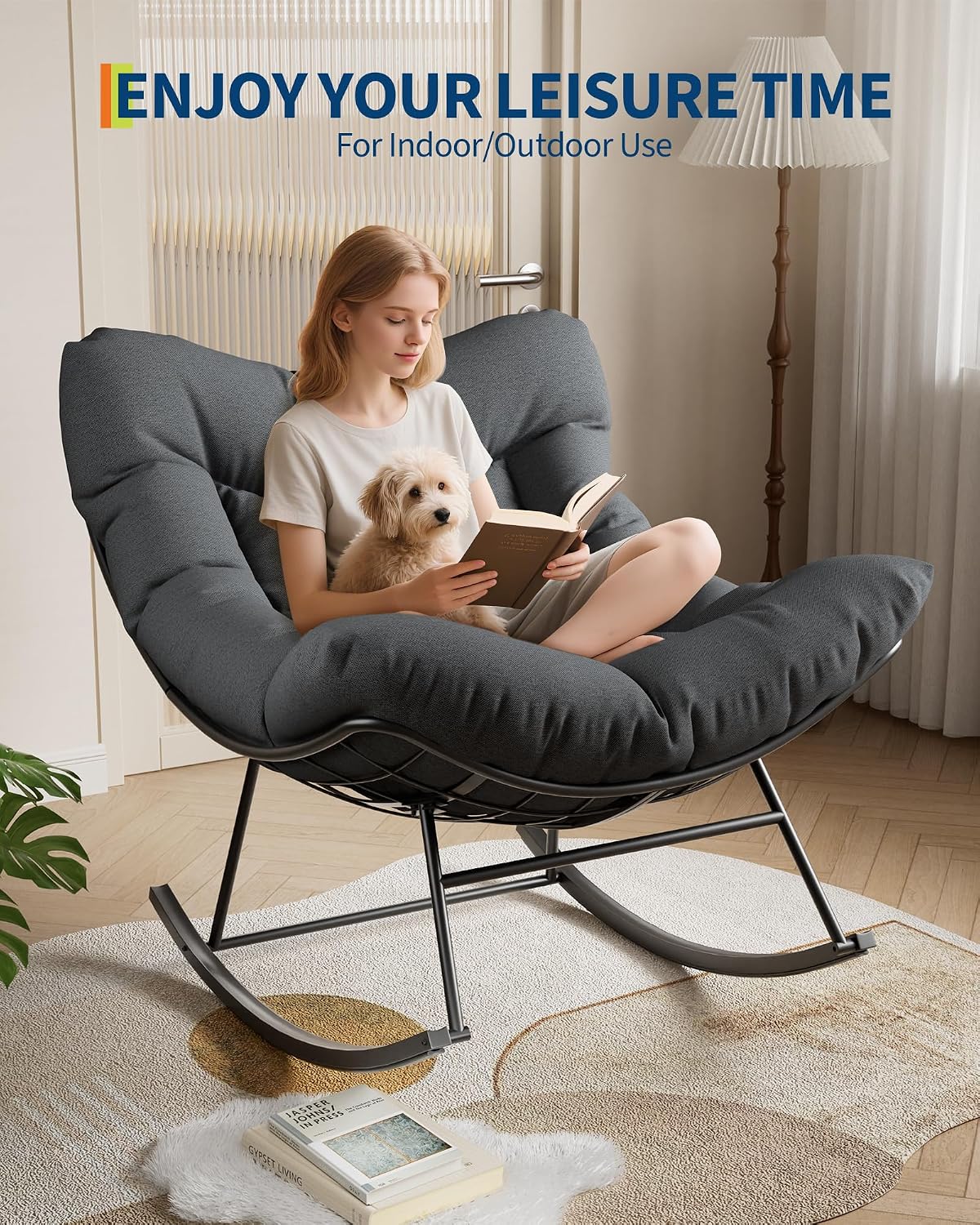 Patio Rocking Chair Indoor and Outdoor, Metal Lounge Rocker with Thick 6'' Cushion,350 Lbs Capacity,Grey Cushion