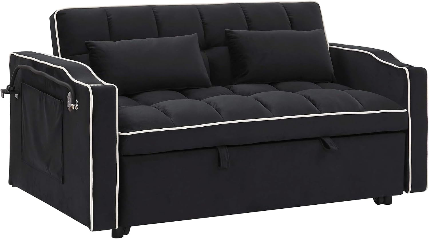 Merax Black Foldable Sofa Bed with 2 USB Charging Ports, Pull Out Velvet Loveseat Sleeper with Phone Holder, Modern Futon Couch with Cup Holders & Adjustable Backrest for Living Room