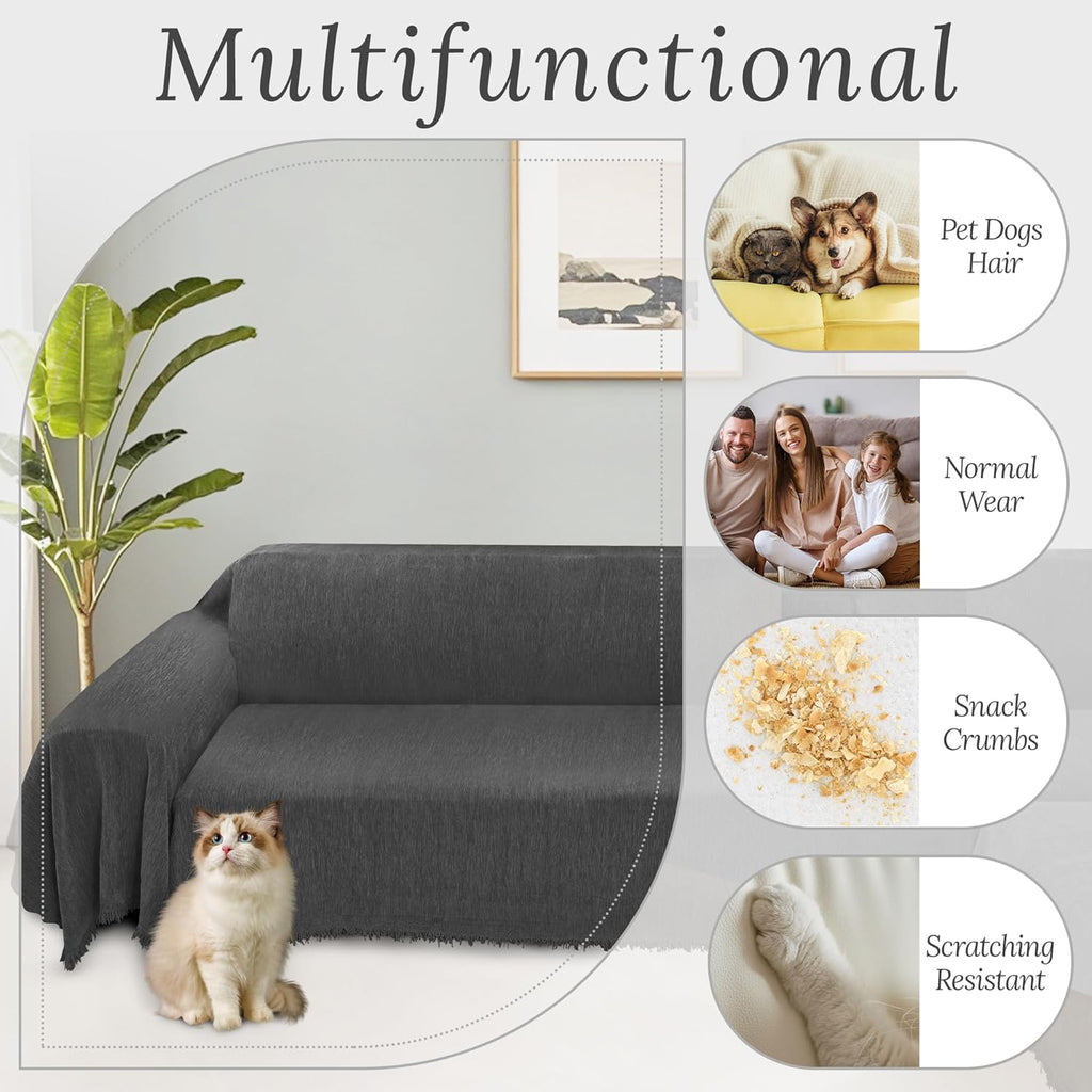 HDCAXKJ Corner Sectional Couch Covers for Dogs L Shape Sofa Cover with Tassel Chenille Super Soft Non Slip U Shaped Couch Cover Blanket Washable Sectional Slipcover Protector (Dark Gray, 91x276 inch)