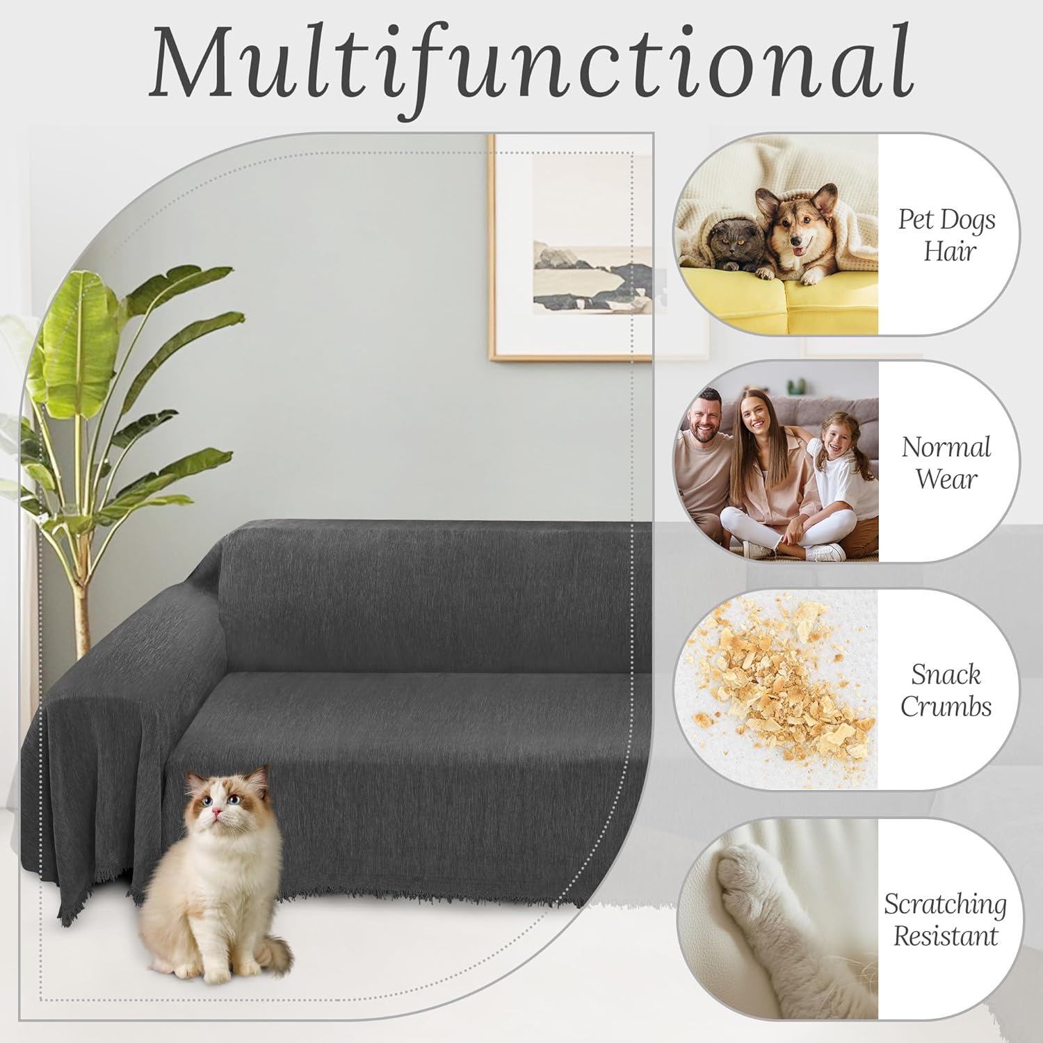 HDCAXKJ Corner Sectional Couch Covers for Dogs L Shape Sofa Cover with Tassel Chenille Super Soft Non Slip U Shaped Couch Cover Blanket Washable Sectional Slipcover Protector (Dark Gray, 91x276 inch)