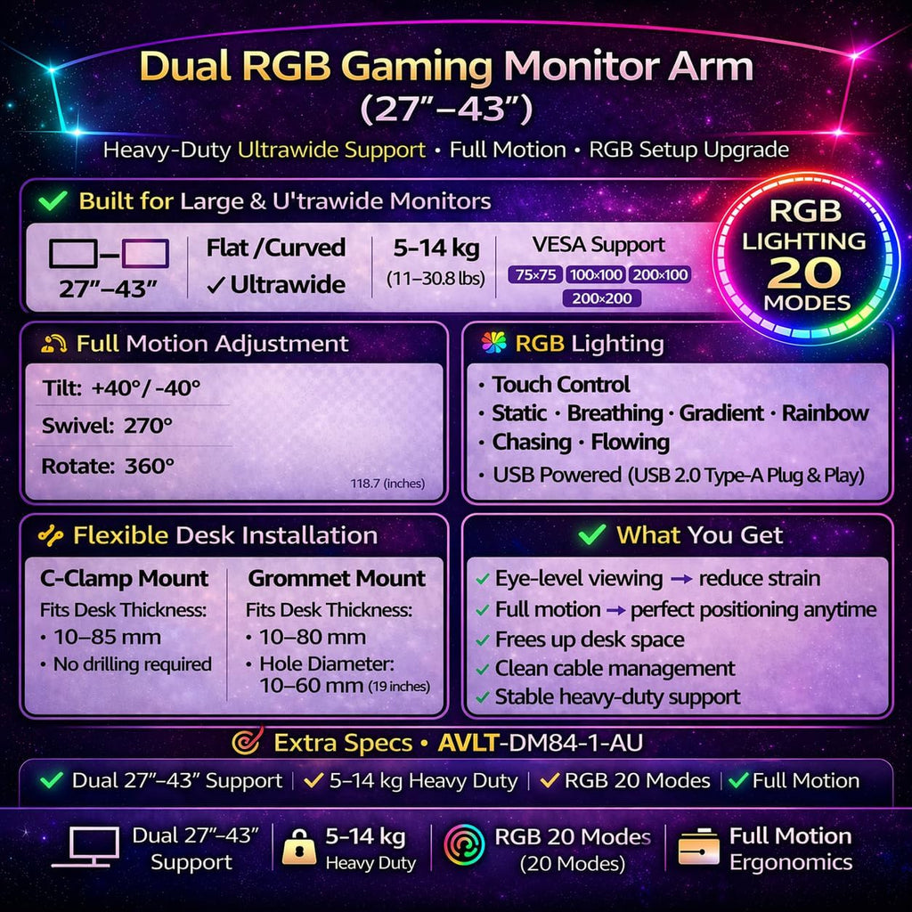 AVLT Dual 27'-43' RGB Gaming Monitor Arm Desk Mount Built-in 20 Lighting Modes Touch Button Control Fits Flat/Curved/Ultrawide Screen Height Swivel Tilt Rotation Adjustable Stand -White