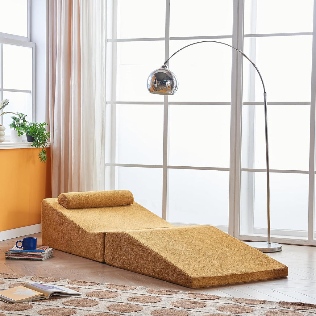 GDFStudio Rue Velvet Foldable Sofa Bed, Convertible Sleeper Chair with Pillow, Foldable Mattress with Back Support, Portable Lounge Sofa for Living Room/Bedroom, No Assembly Needed, Mustard Yellow