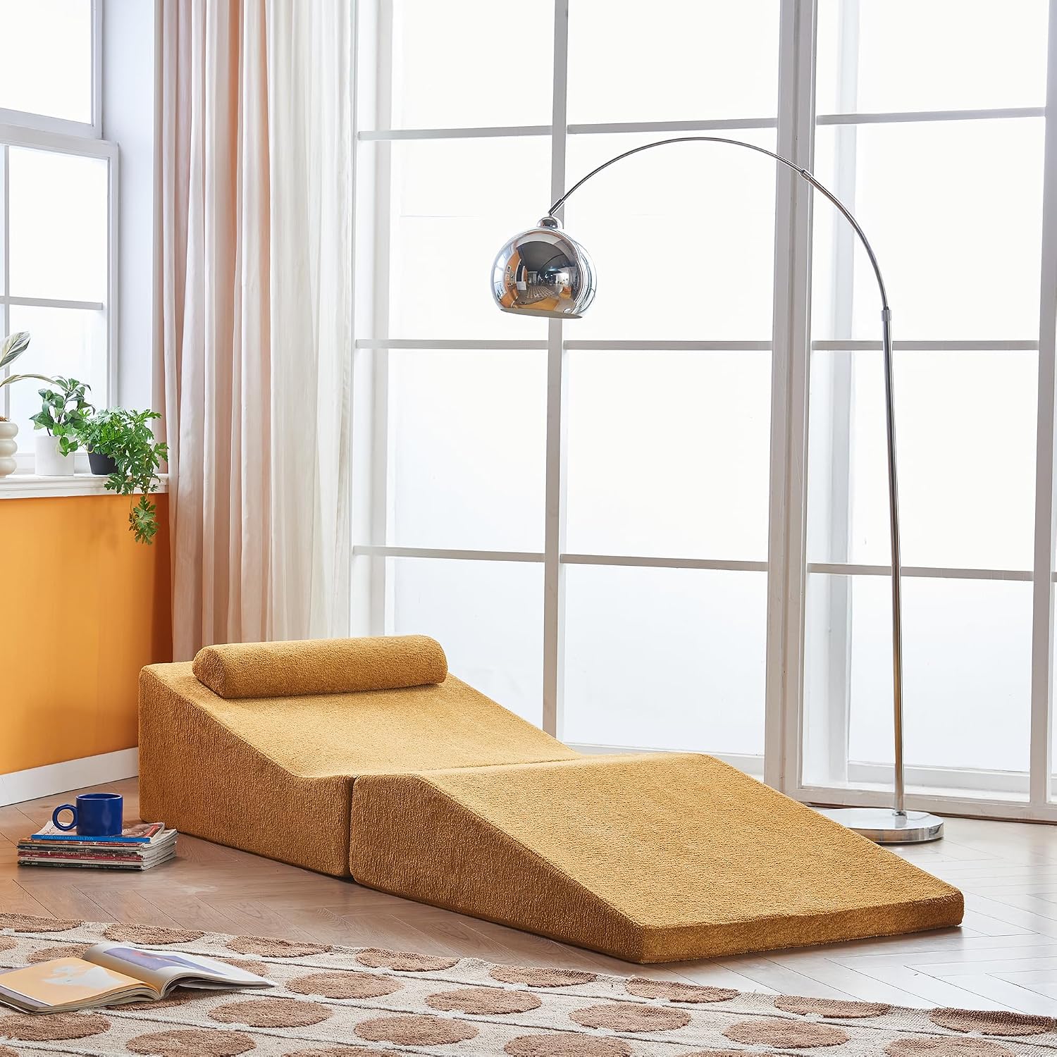 GDFStudio Rue Velvet Foldable Sofa Bed, Convertible Sleeper Chair with Pillow, Foldable Mattress with Back Support, Portable Lounge Sofa for Living Room/Bedroom, No Assembly Needed, Mustard Yellow