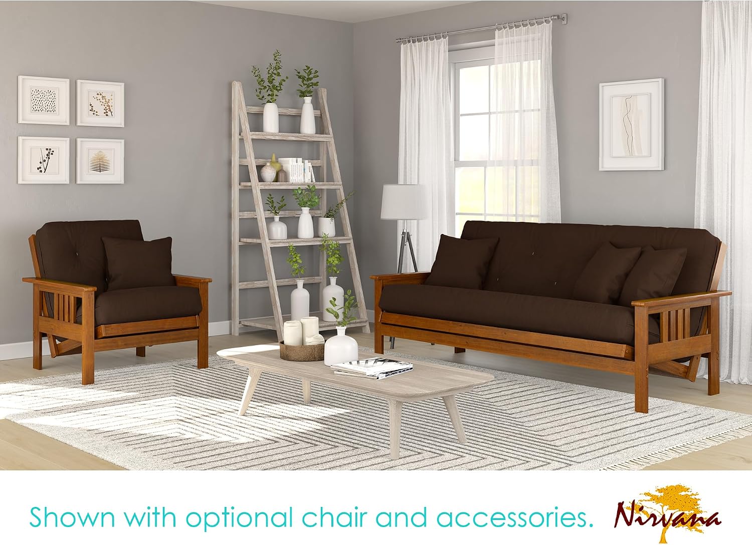Nirvana Futons Stanford Futon Set - Full Size, Frame, 8' Mattress, Microfiber Sussex Fudge Cover