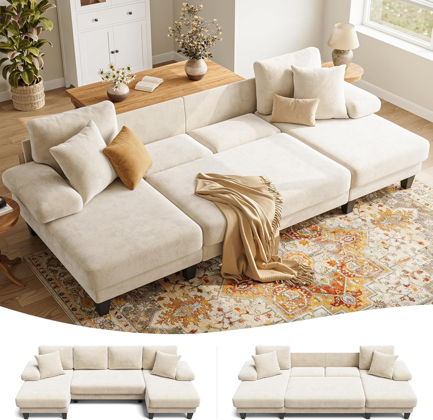 Txtin's Sleeper Sofa with Pull Out Couch Bed | 112 Inch Couches for Living Room | U-Shaped Convertible Sofa Bed | Chenille Warm White