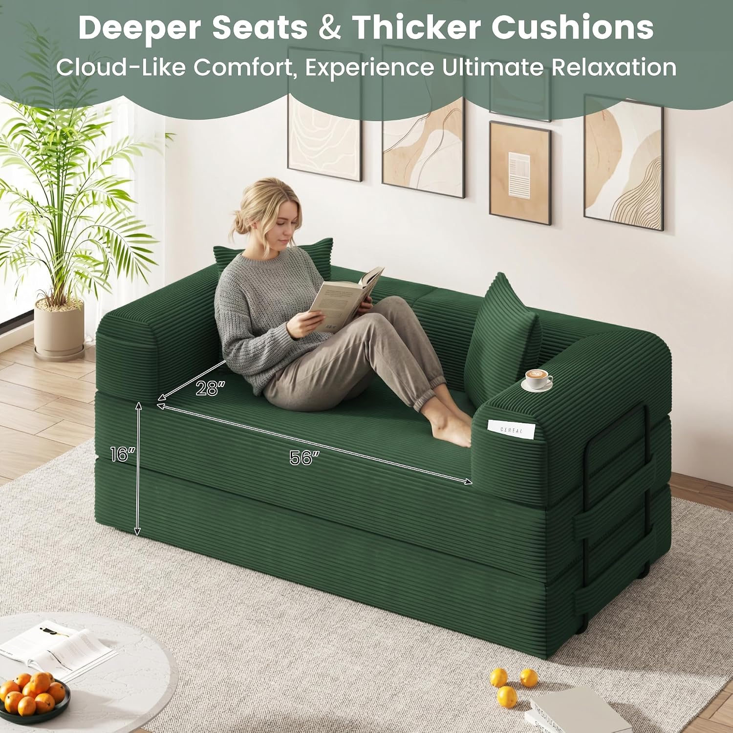 80' Convertible Sofa Bed, 5 in 1 Modular Boneless Couch Sleeper Sofa Bed with Fixed Frame & Removable Backrest Pillow, Washable Corduroy Futon Sofa Bed Couch in a Box for Small Spaces, Dark Green