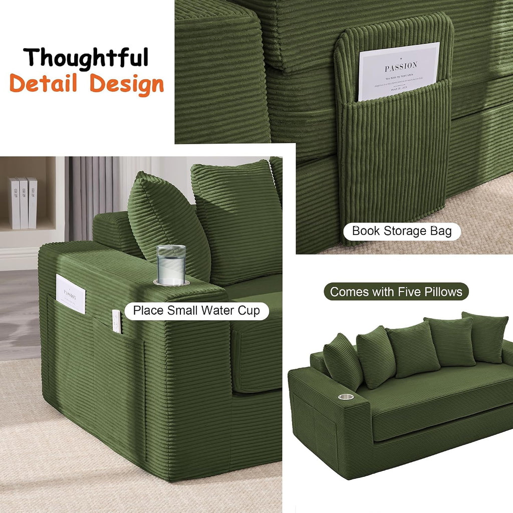 76' Convertible Sofa Bed, 2-in-1 Boneless Sleeper Sofa with Cup Holder & Pocket, Corduroy Pull Out Couch with 5 Pillows, Couch Bed for Living Room, Small Spaces, Bedroom, No Assembly