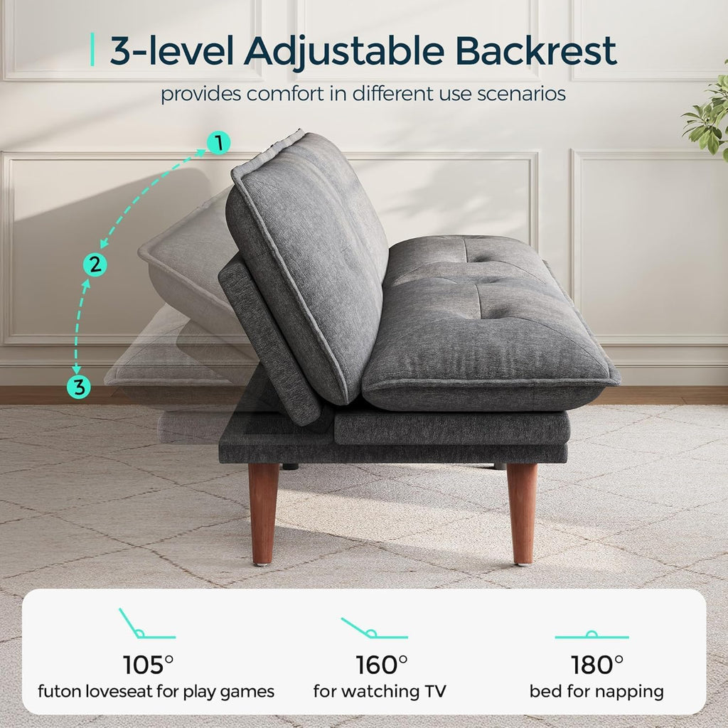 LINSY HOME Futon Sofa Bed, 70' Chenille Futon Couch with Adjustable Backrest Armrest, 3 in 1 Convertible Comfy Loveseat Sleeper Sofa Bed for Small Spaces Dorm Room Apartment Home Office(Dark Grey)