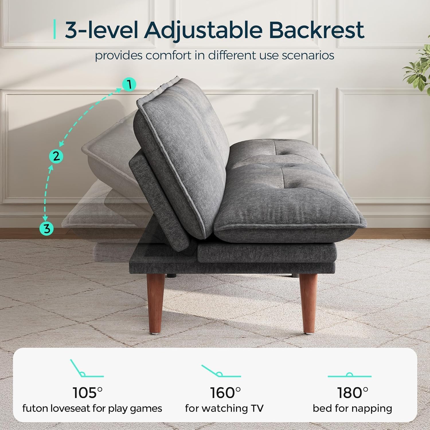 LINSY HOME Futon Sofa Bed, 70' Chenille Futon Couch with Adjustable Backrest Armrest, 3 in 1 Convertible Comfy Loveseat Sleeper Sofa Bed for Small Spaces Dorm Room Apartment Home Office(Dark Grey)