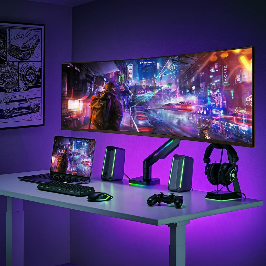 AVLT RGB Lights Single 17'-49' Gaming Monitor Arm Desk Mount, Fits One Flat/Curved/Ultrawide Screen up to 44lbs(20kg), Height Swivel Tilt Adjustable Stand - Black