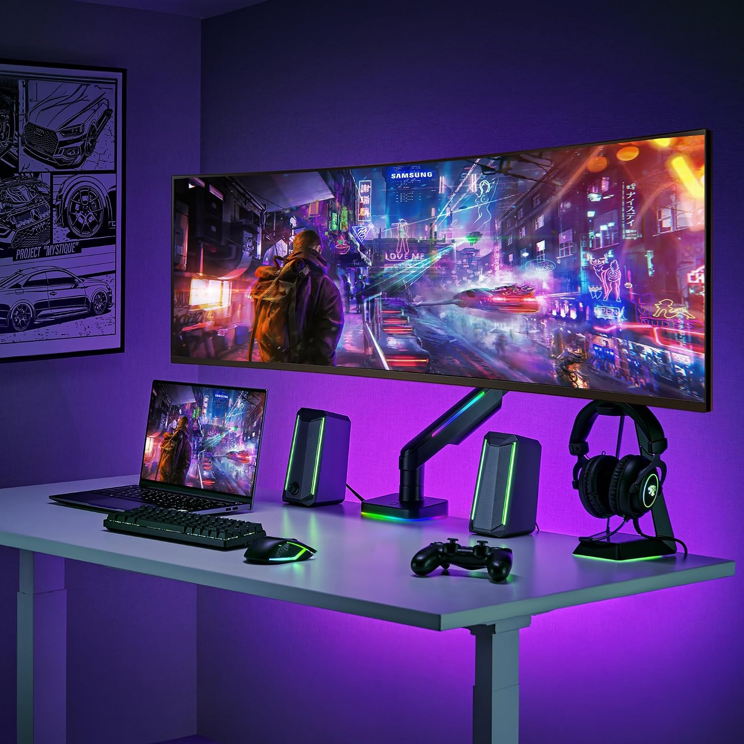 AVLT RGB Lights Single 17'-49' Gaming Monitor Arm Desk Mount, Fits One Flat/Curved/Ultrawide Screen up to 44lbs(20kg), Height Swivel Tilt Adjustable Stand - Black