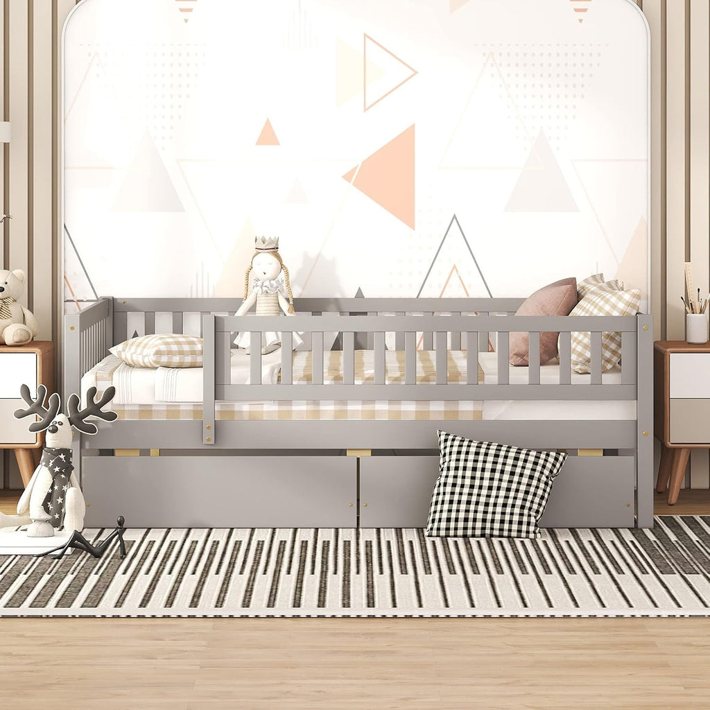 Montessori Bed Frame with Fence Railings and 2 Drawers for Kids,Full Size Wood Low Platform Bed Frame with Full-Length Safety Guardrails for Boys Girls,No Box Spring Needed,Grey