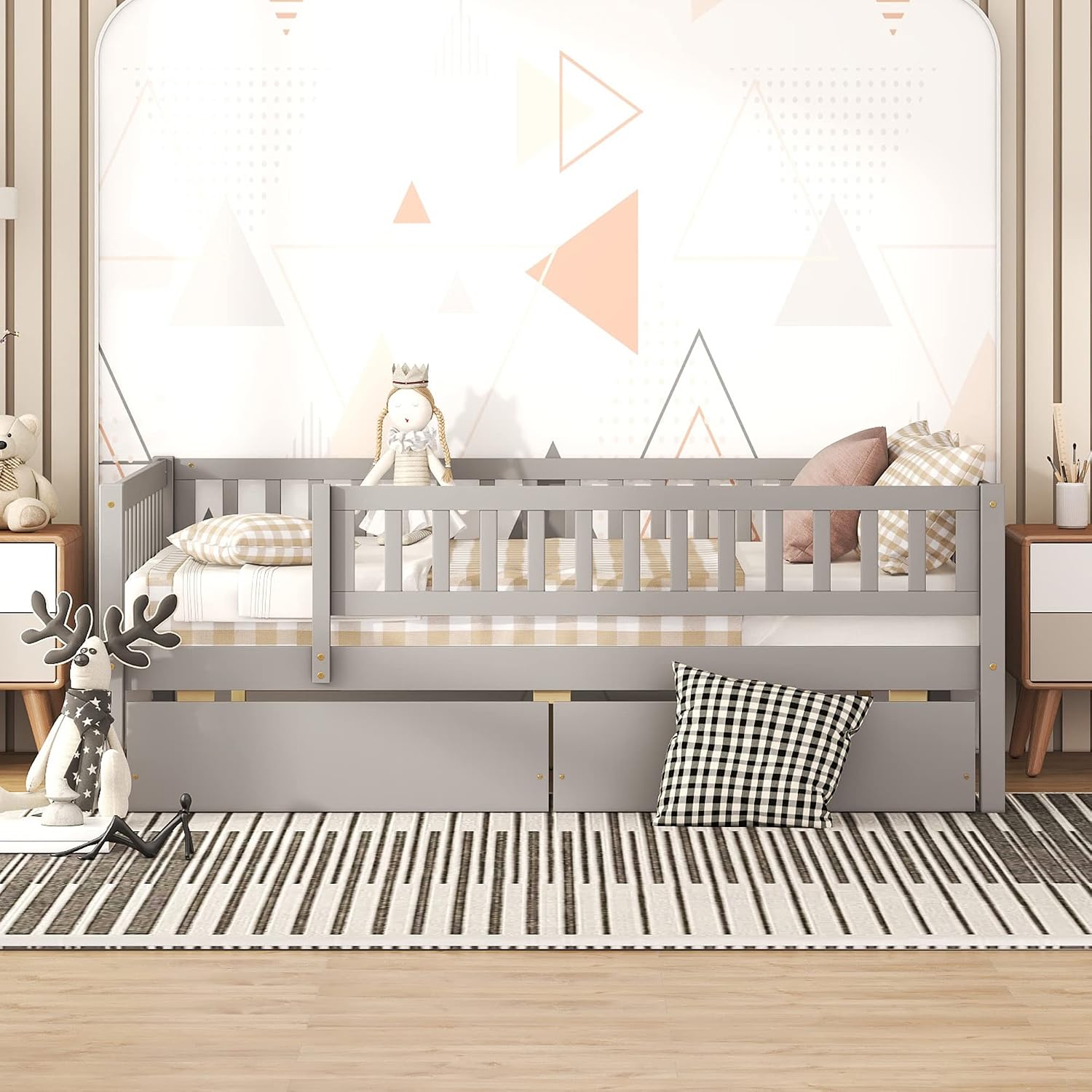 Montessori Bed Frame with Fence Railings and 2 Drawers for Kids,Full Size Wood Low Platform Bed Frame with Full-Length Safety Guardrails for Boys Girls,No Box Spring Needed,Grey