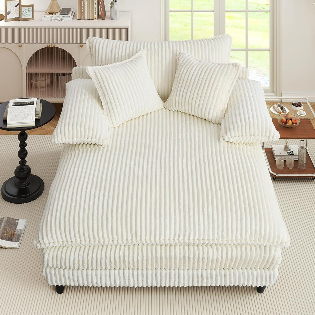 WESTSETLUX 54.8' W Oversized Chaise Lounge Chair Indoor with 5-Position Adjustable Backrest, Corduroy Sleeper Sofa Bed with 3 Pillows, Modern Cloud Couch Chair for Living Room, Bedroom, Beige