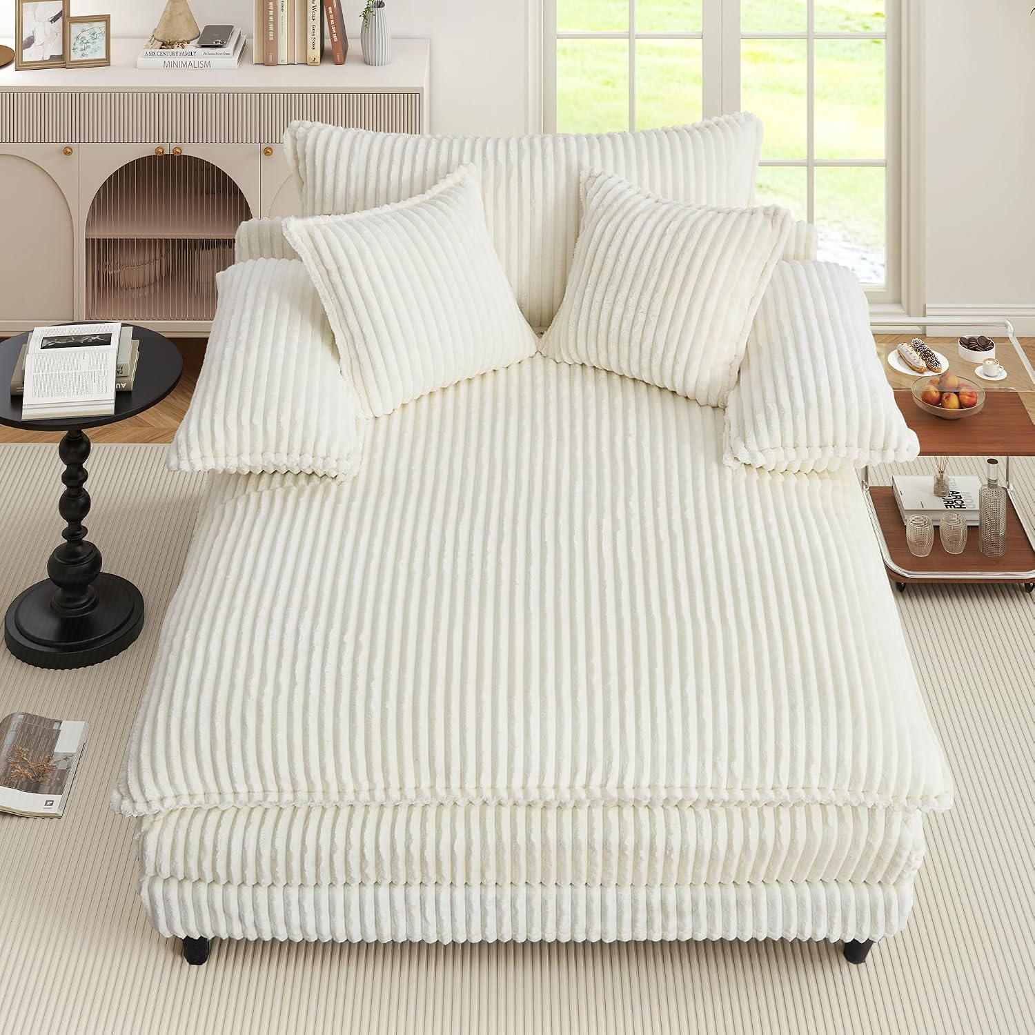 WESTSETLUX 54.8' W Oversized Chaise Lounge Chair Indoor with 5-Position Adjustable Backrest, Corduroy Sleeper Sofa Bed with 3 Pillows, Modern Cloud Couch Chair for Living Room, Bedroom, Beige